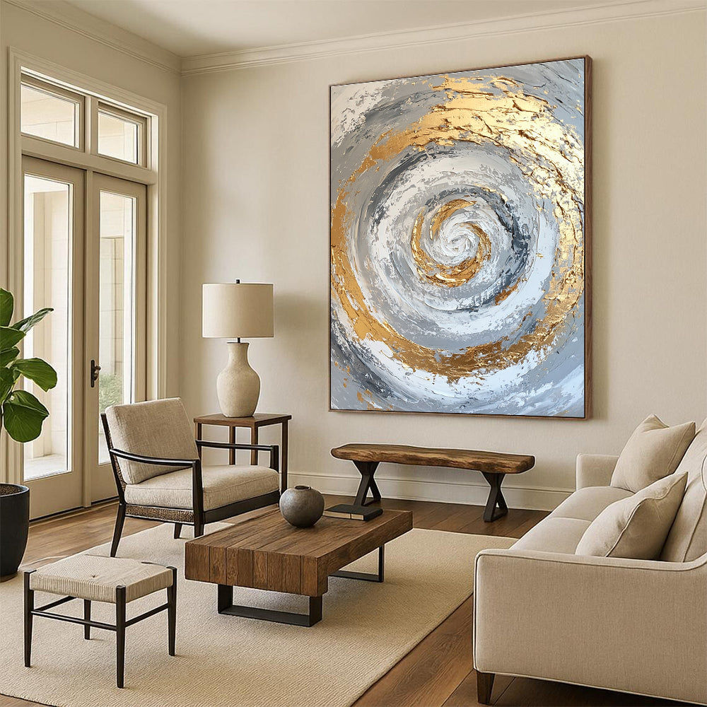 Gold and Silver Swirl Abstract Painting with Textured Layers GER622