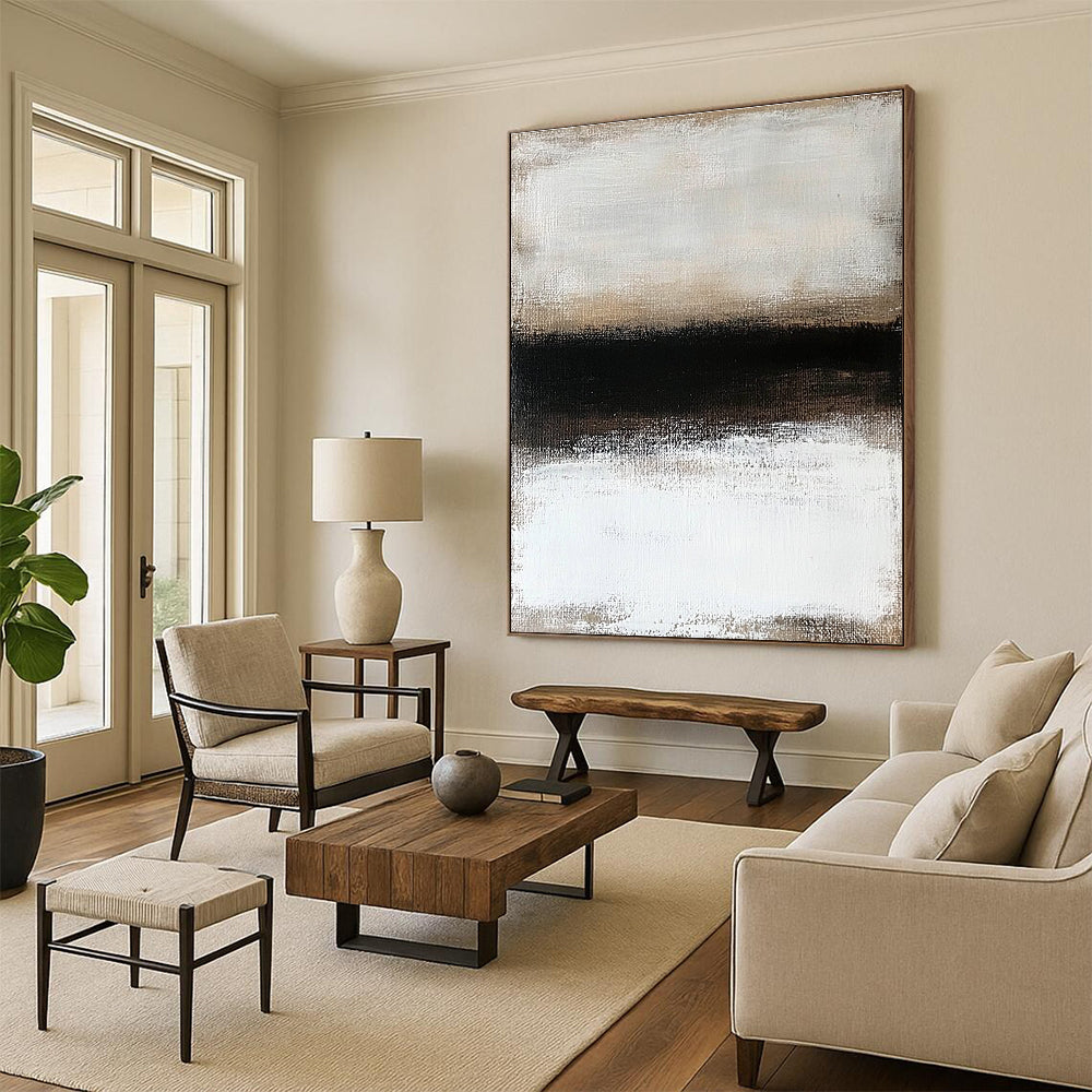 Large abstract painting featuring a textured surface of neutral colors depicting a snowy landscape enveloped in ethereal fog.STSC630