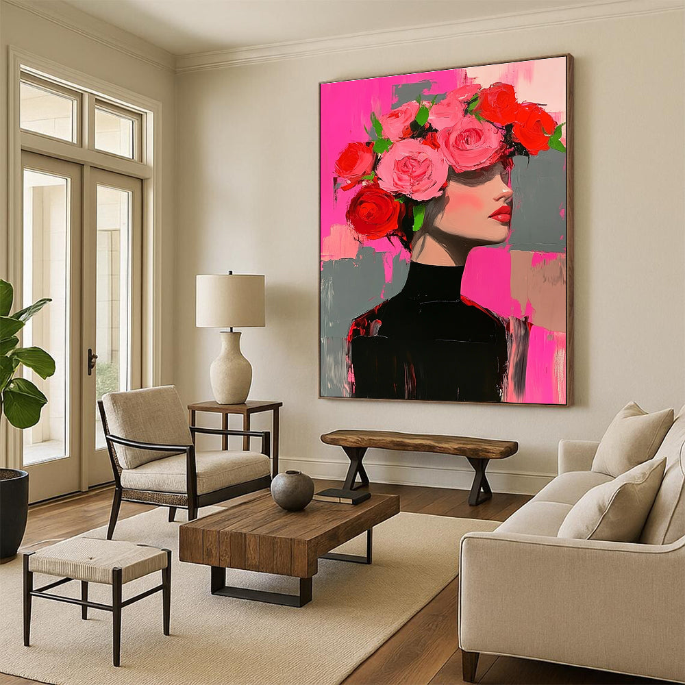 Abstract painting of a woman in a black dress adorned with pink and red roses, set against a pink and grey background.STSC1392