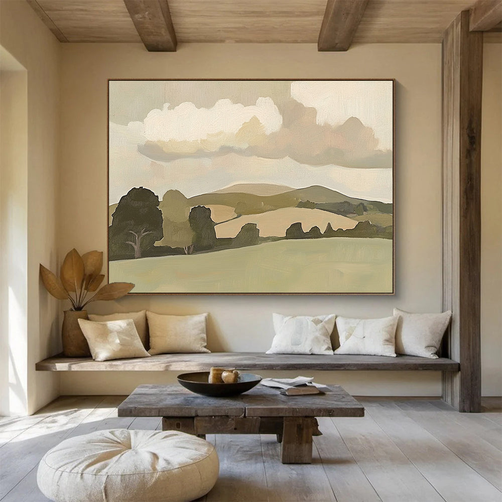 Large abstract painting of English countryside featuring minimalist hills and trees with soft brush strokes and muted colors in vintage style.SC404