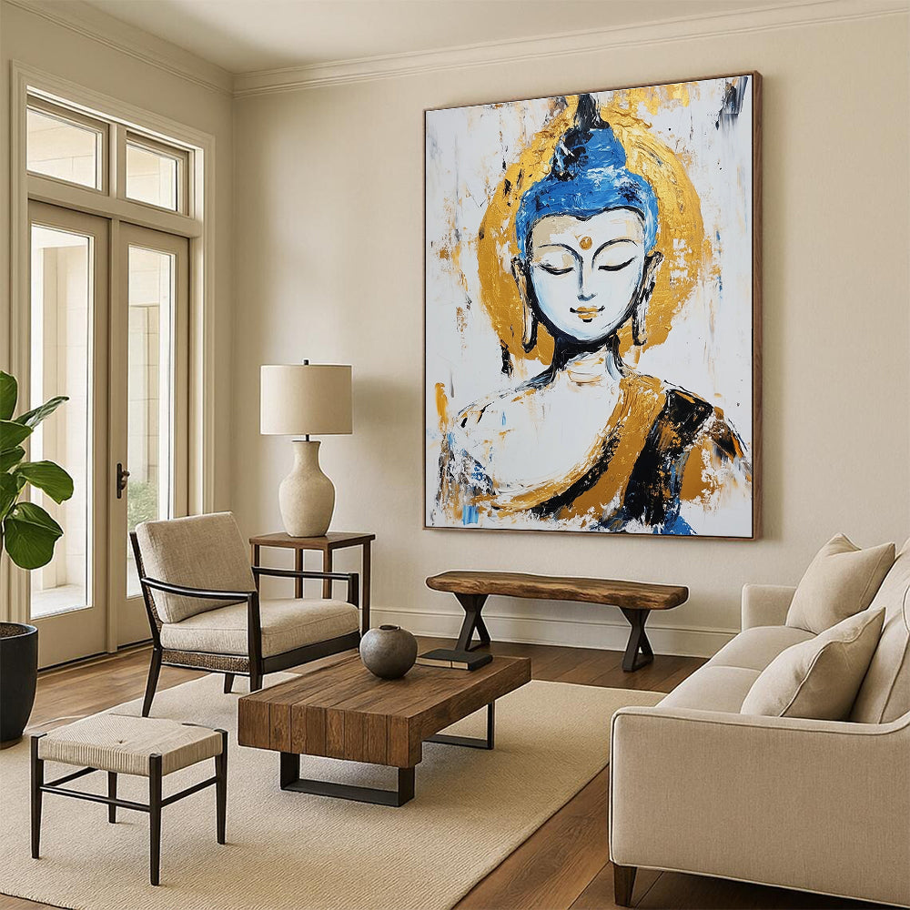 A large abstract painting of the Buddha with pale skin and blue hair in meditation against a white background featuring gold accents and visible brush strokes.STSC338