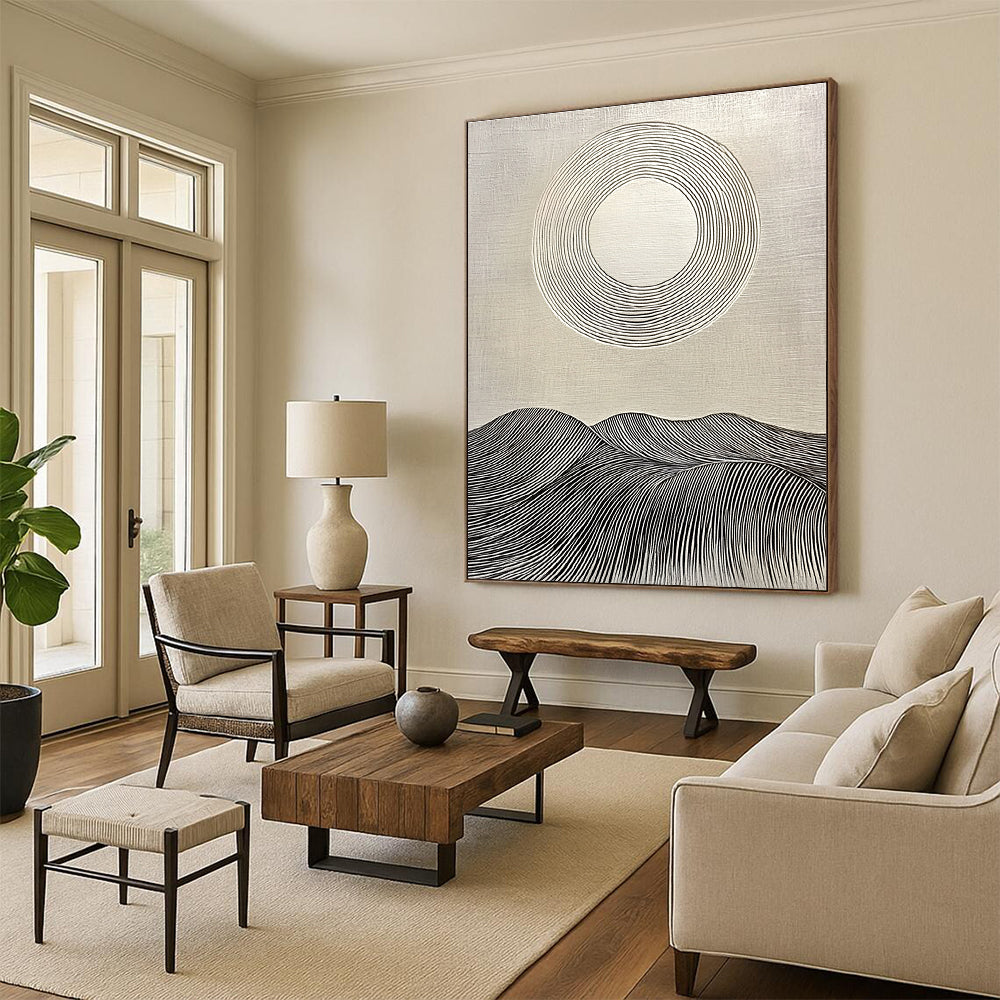 Large abstract painting featuring a circular white sun on textured background with rolling hills and clean lines for a modern aesthetic.STSC1029
