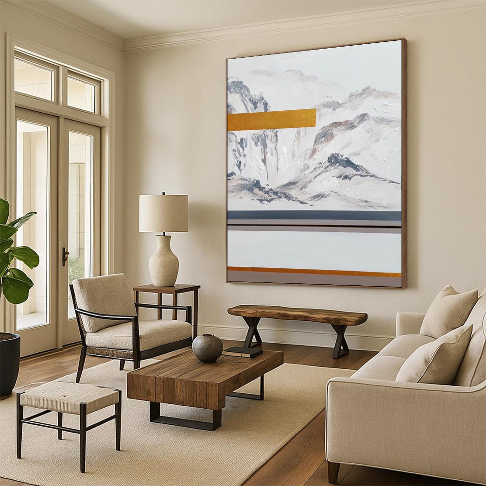 White Grey Gold Mountain Abstract Painting ADGE045
