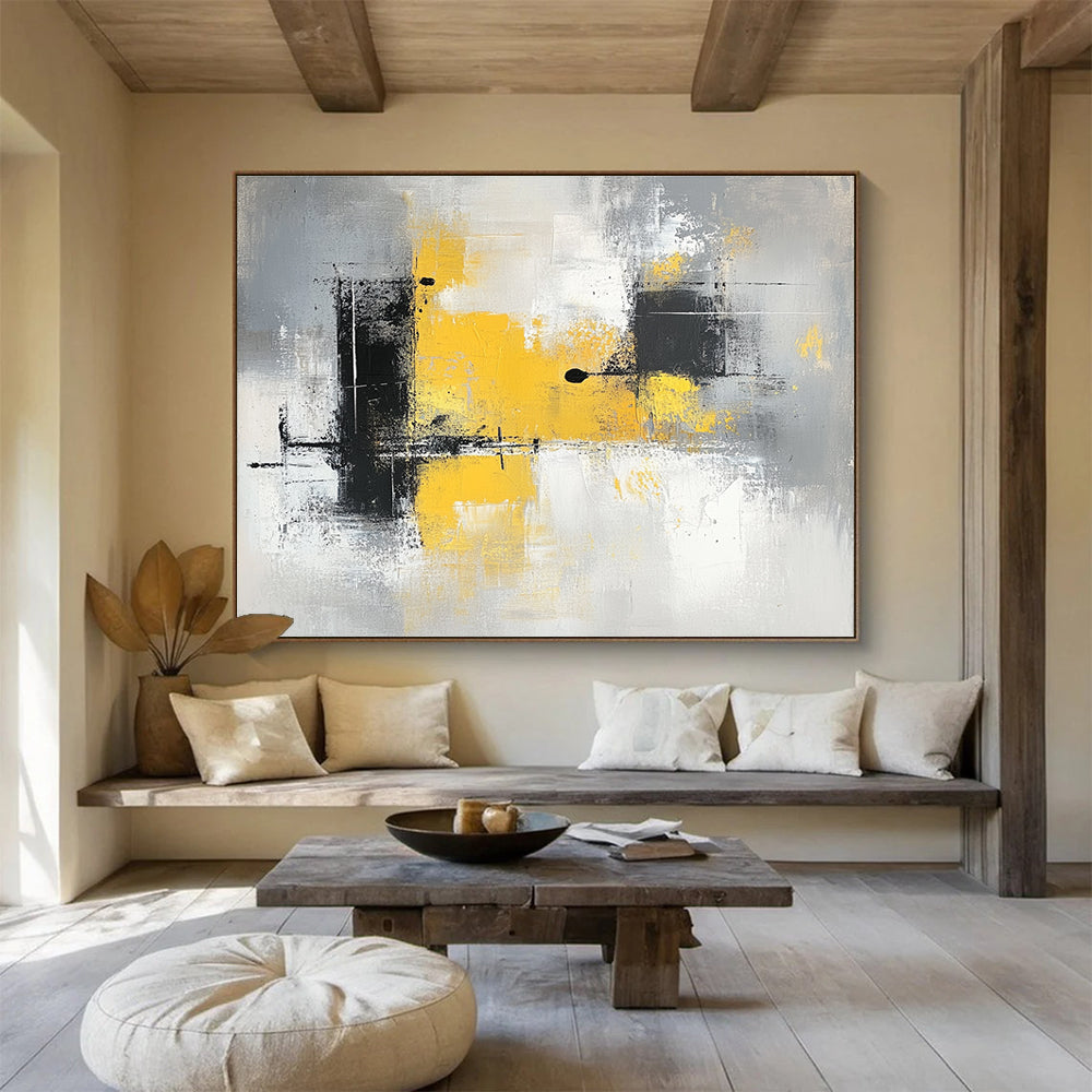 Large abstract painting with gray and yellow tones featuring blocks of color soft edges and delicate brushstrokes on a gray background.SC241