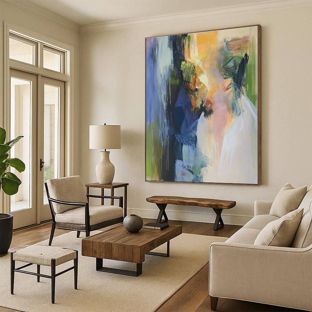 Abstract oil painting featuring faded beige grey and brown textures on a white background evoking nostalgia and mystery through subtle details in corners.STSC594