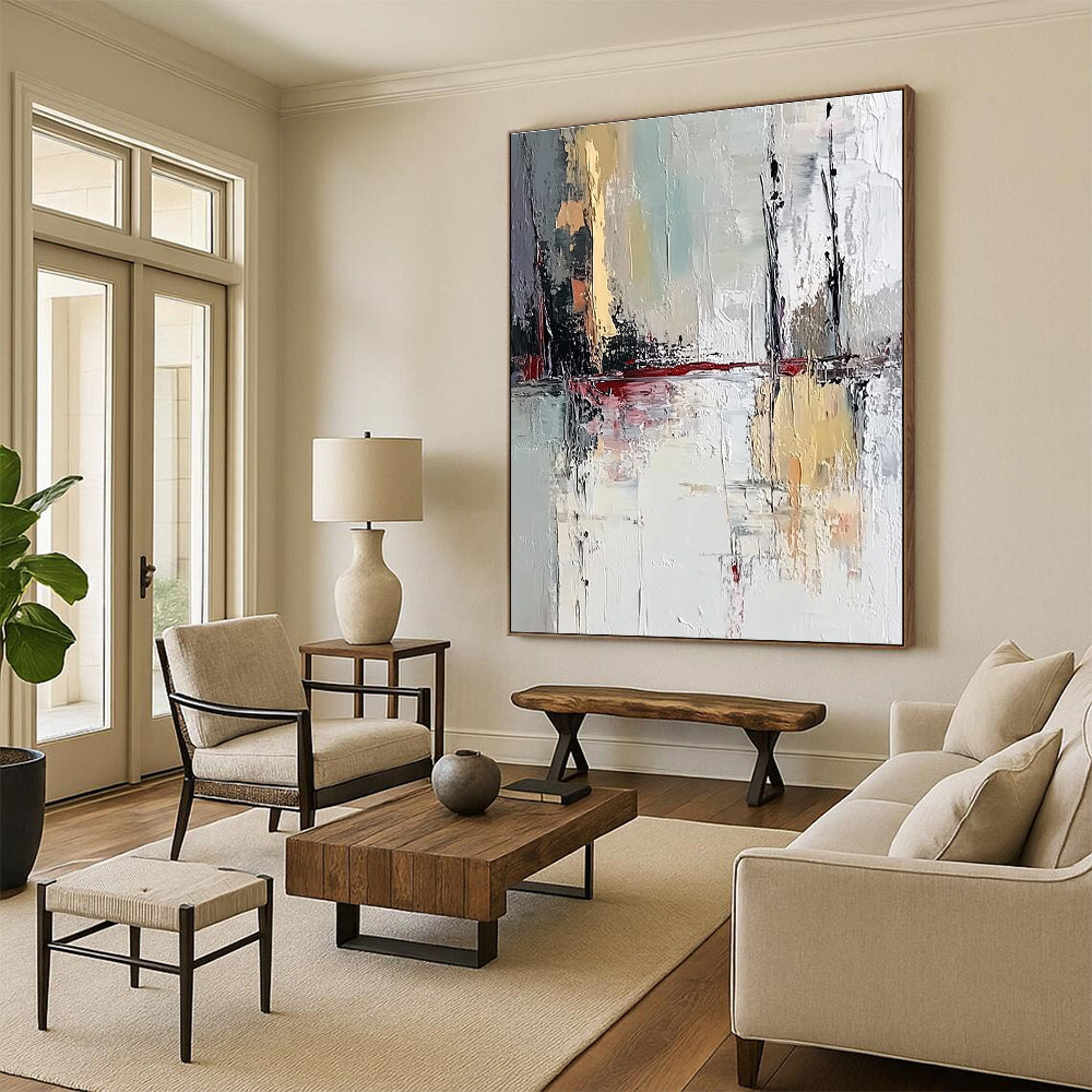 Large abstract painting featuring muted white and grey colors showcasing a lake reflection with thick brush strokes on textured canvas.STSC601