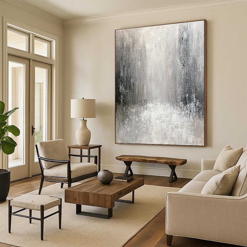 Large abstract painting of an old city featuring textured canvas in neutral tones with gray and white and silver accents creating an atmospheric perspective.STSC267