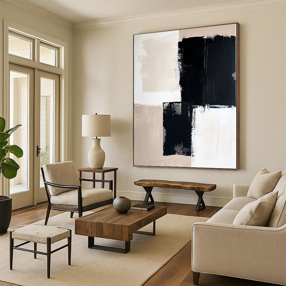 Black Beige and White Abstract Painting with Dynamic Brushstrokes GER503
