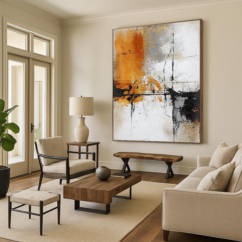Orange Gray and Black Abstract Painting with Dynamic Splashes GER631
