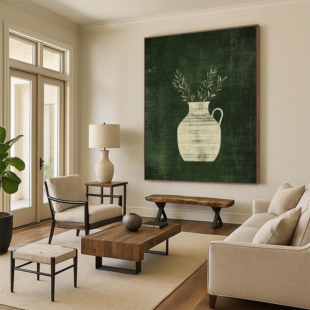 Abstract art featuring a minimalist antique jar with handles and olive branches against a textured green background, adding elegance and depth.STSC1084
