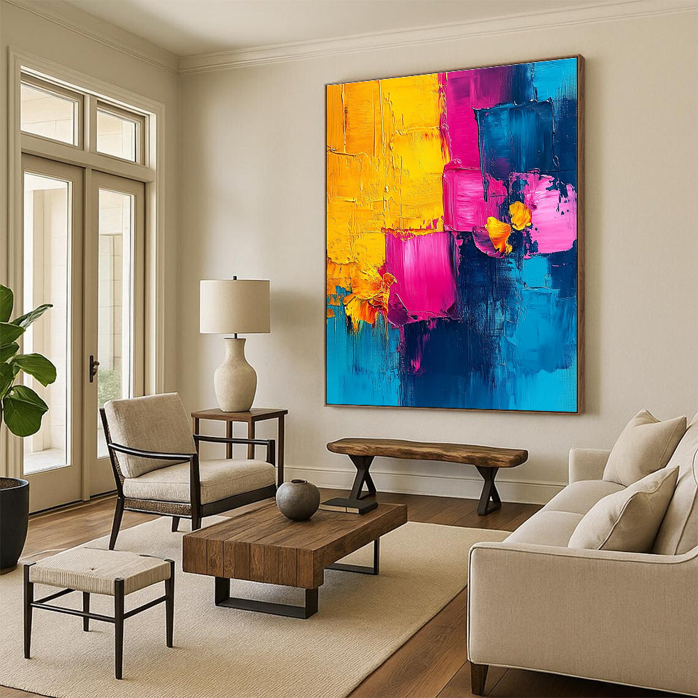 Vibrant abstract painting with pink blue yellow and teal using palette knife technique perfect for enhancing any space.STSC495