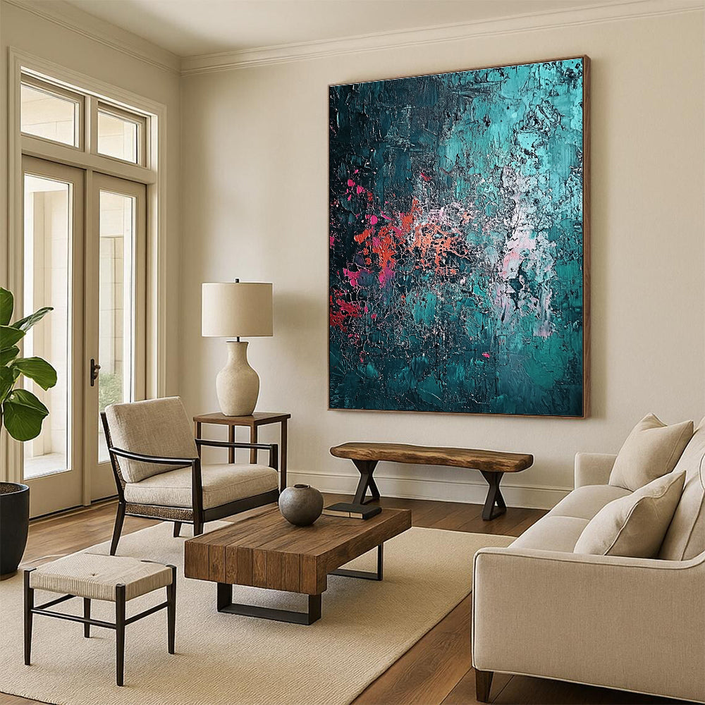 Teal Pink and Orange Textured Abstract Painting with Crackle Effects GER642