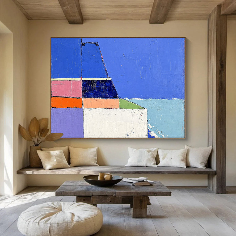 Colorful Geometric Seaside Abstract Painting with Blue and Pastel Tones DYP310