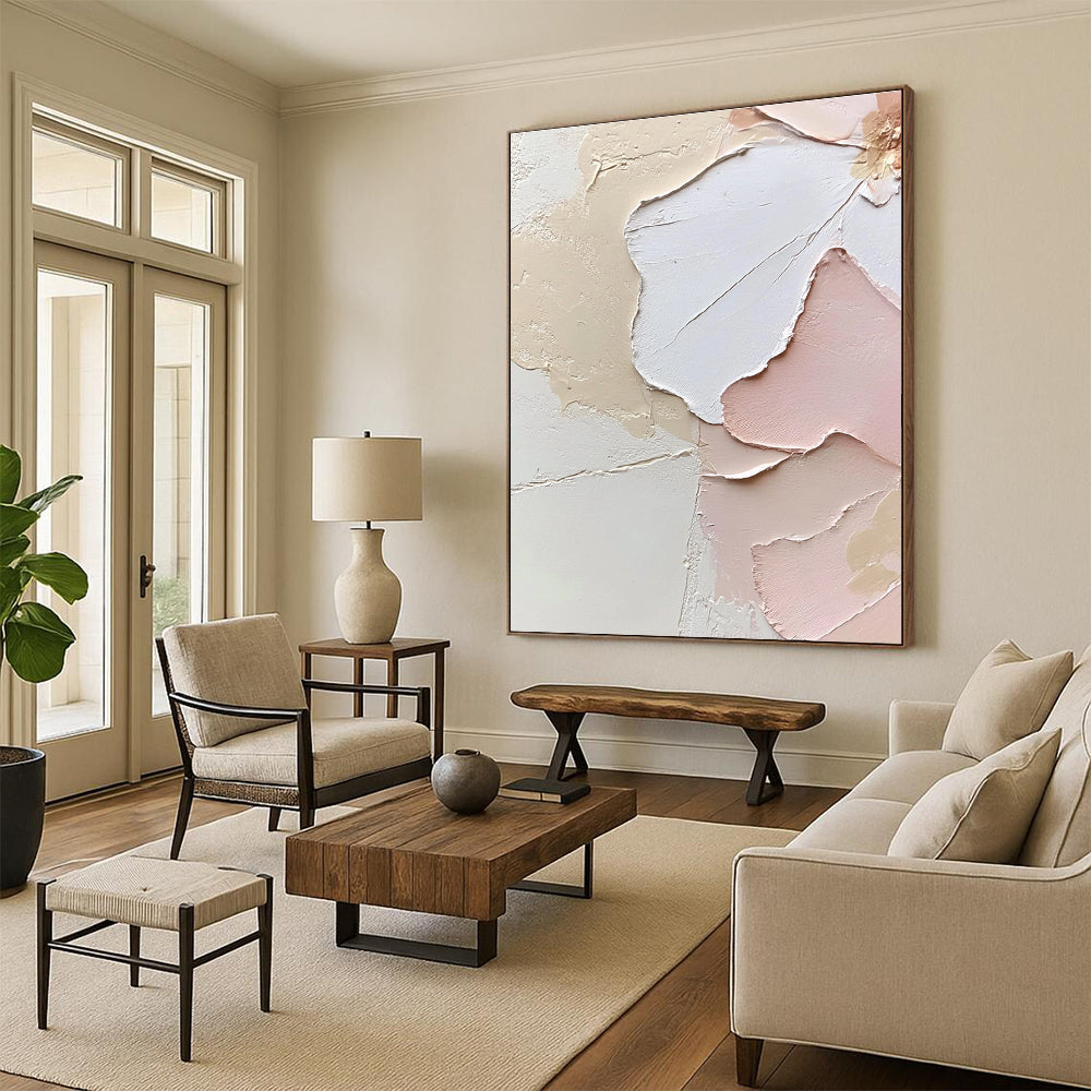 Beige Pink and White Abstract Painting with Textured Petals GER427