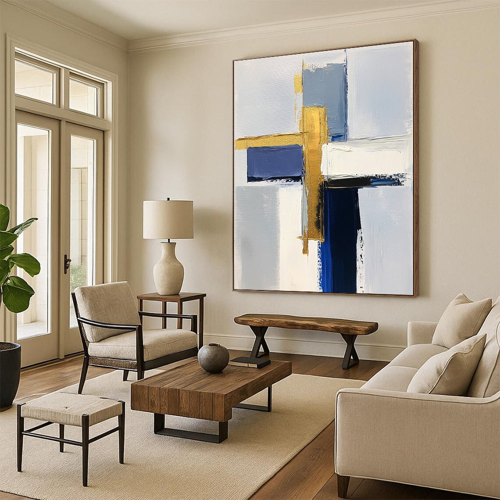 Blue and Gold Abstract Painting with Layered Geometry GER567
