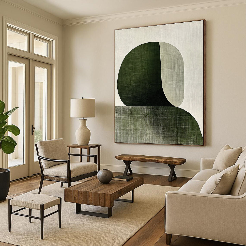 Abstract painting featuring overlapping shapes in sage green and white with visible brush strokes embodying the female form in a minimalist Japandi style.STSC1339