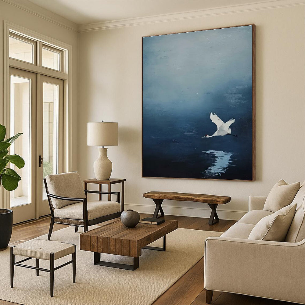 White Crane in Blue Sky Abstract Painting with Reflection ADGE510