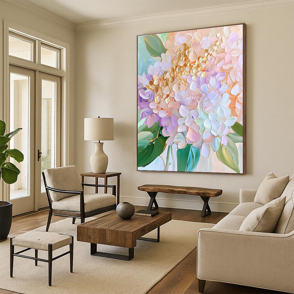 Large abstract painting of pastel hydrangeas featuring golden petals and delicate textures in soft pinks greens and blues.STSC1153