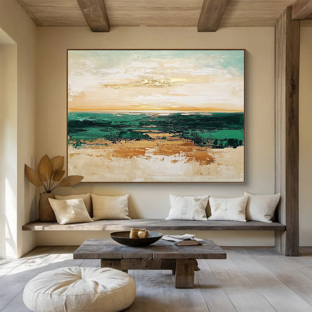 Green Sea Gold Accent Abstract Painting with Layered Horizons DYP265