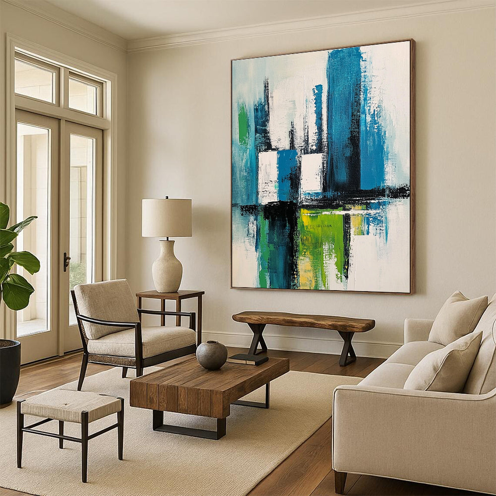 Large abstract painting of a cityscape in blue green and white with thick expressive brush strokes and a minimalistic style.STSC281