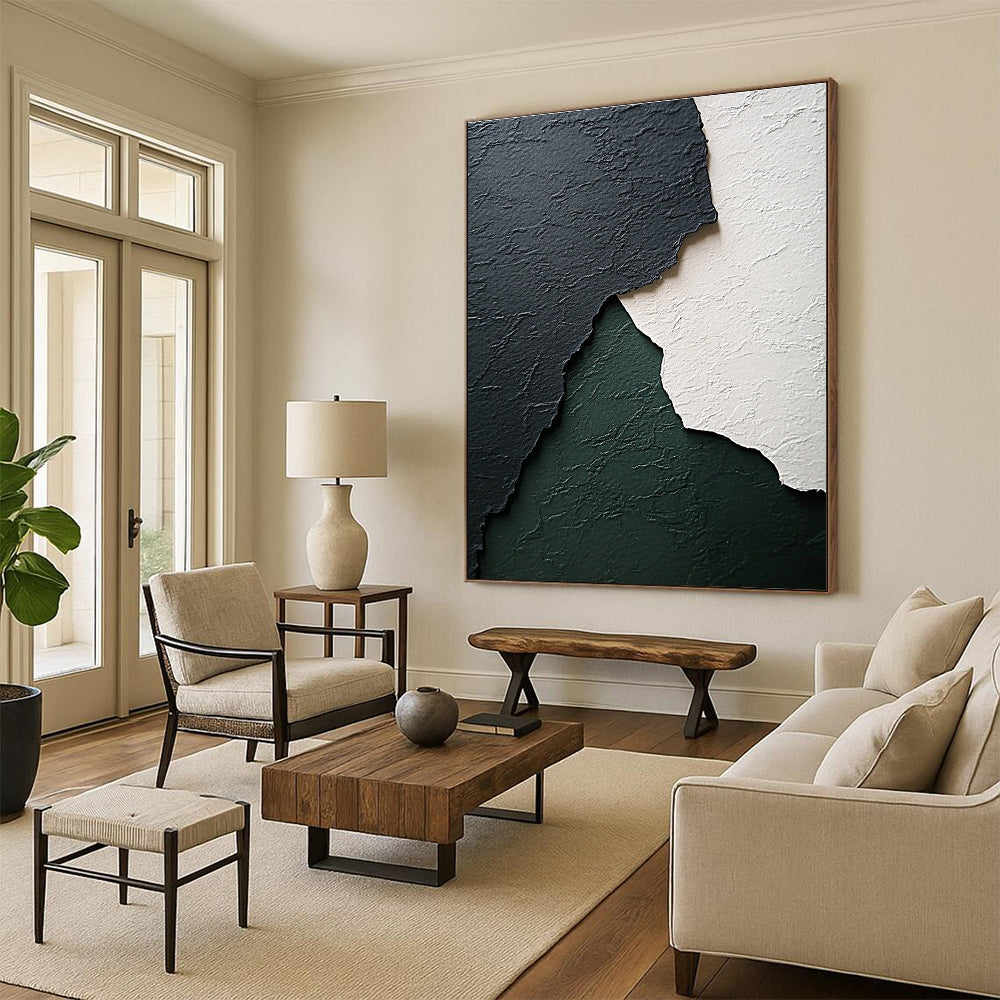Abstract art featuring textured black white and green paper with subtle gray and emerald tones and a wave-like shape enhancing its worn appearance.STSC1281