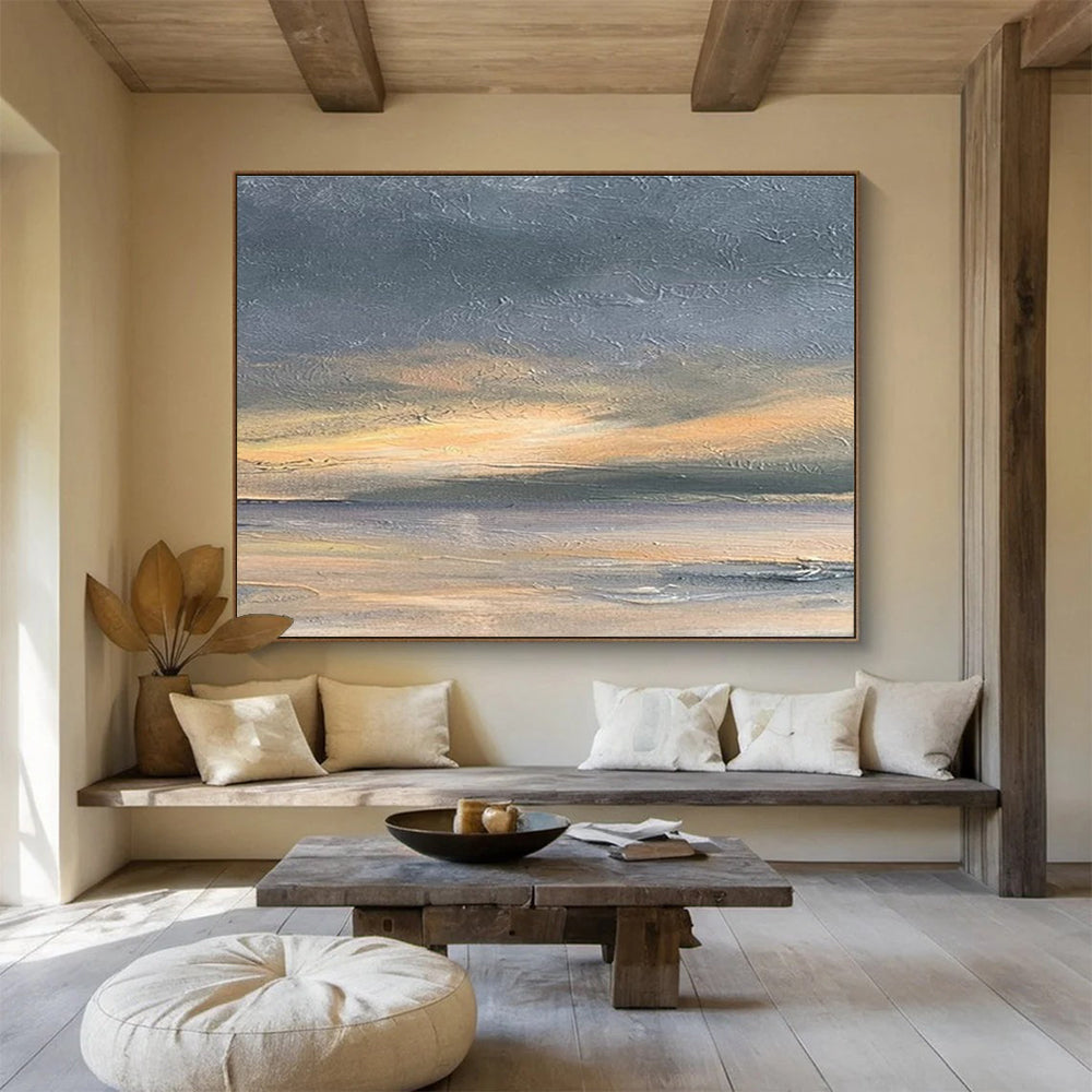 Textured Grey Orange Sea Sunset Abstract Painting THY016