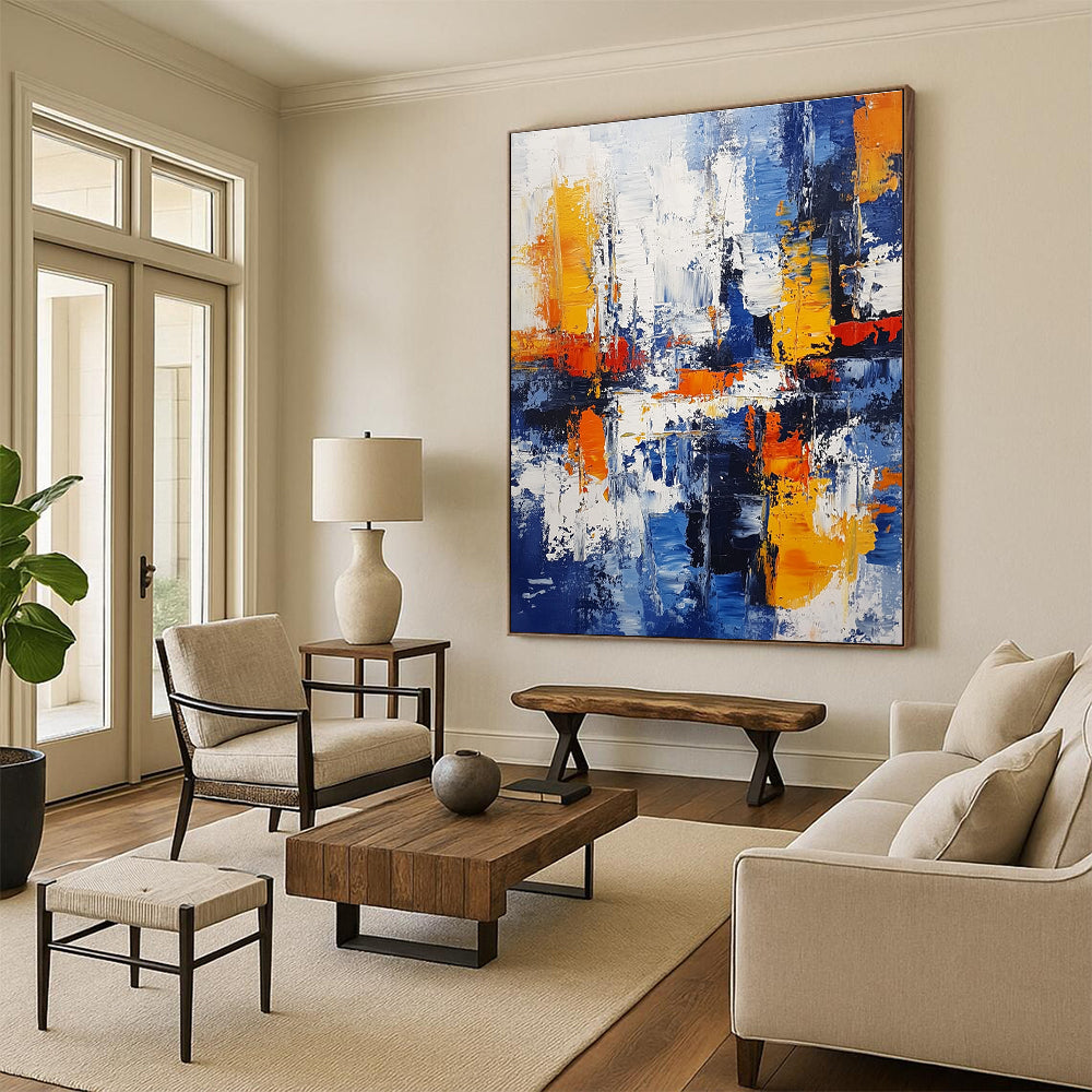 Blue Orange Abstract Painting with Textured Layers GER711