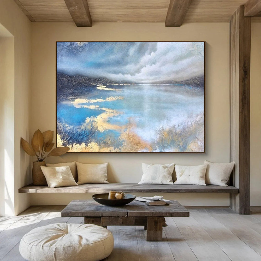Lake Reflection Abstract Painting with Blue, Grey, and Gold Tones THY192