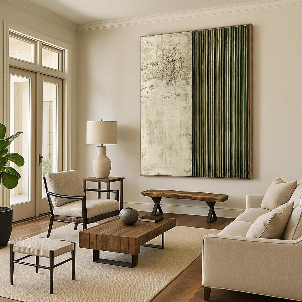 Large abstract painting featuring textured panels with soft concrete and greenish-grey rebar lines creating a striking contrast and depth.STSC542