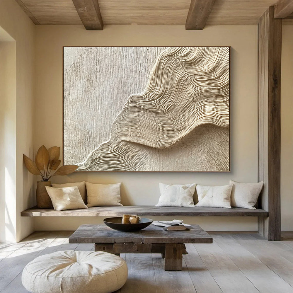 Large abstract painting featuring layered waves and curves in light beige tones resembling water ripples on sand dunes with fine brushwork.SC613