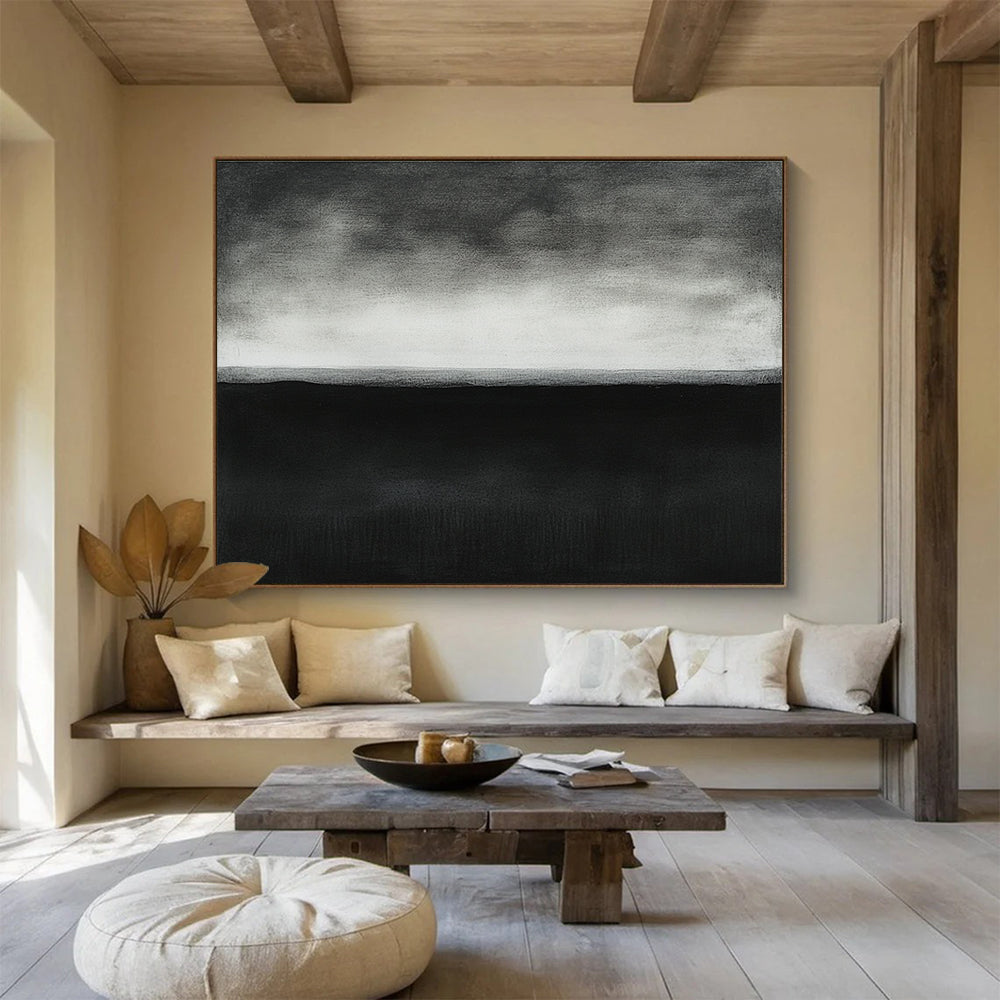 A large abstract painting featuring a dark gray horizon line with white accents, showcasing minimalism and serene elegance in high detail.SC500