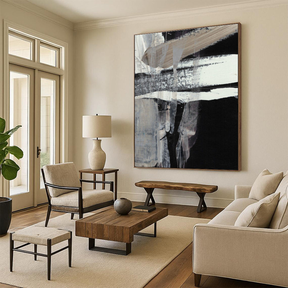 Black and White Abstract with Bold Brushstrokes Painting ADGE193