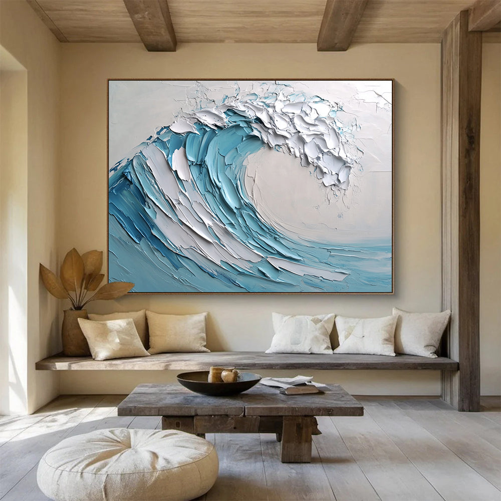 Large abstract painting of a wave featuring light blue and white colors with thick impasto texture. Perfect for modern decor.SC002