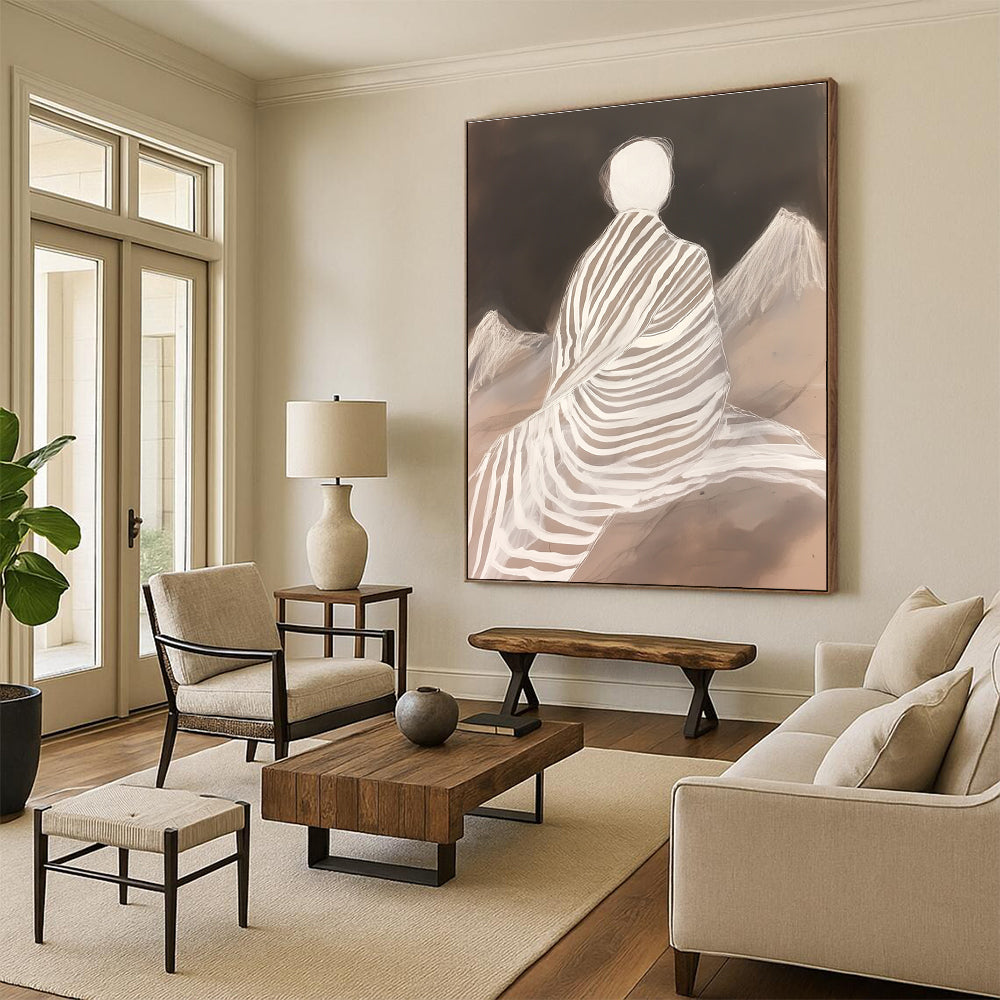 Large abstract painting featuring a zebra-patterned blanket wrapped around a woman atop mountains in layered translucency and fluid lines.STSC1292