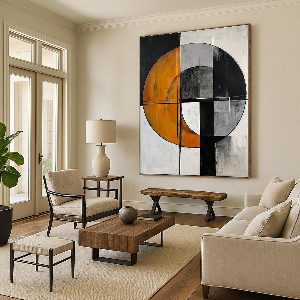 Abstract painting featuring a gray circle and orange half-moon with harmonious colors and geometric shapes in a minimalistic composition.STSC208