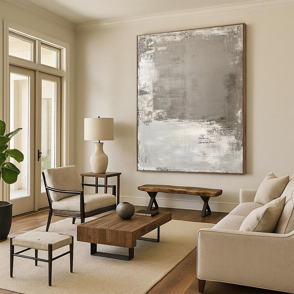 Gray and White Textured Abstract Painting with Layered Brushstrokes GER006