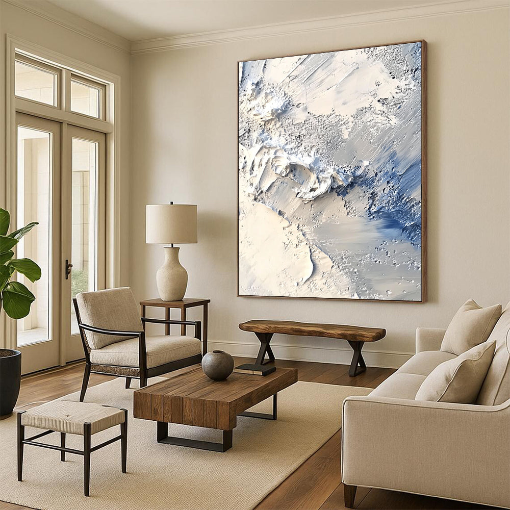 Large abstract painting capturing an Arctic landscape with thick impasto layers in white and gray reminiscent of John Martin's style.STSC258