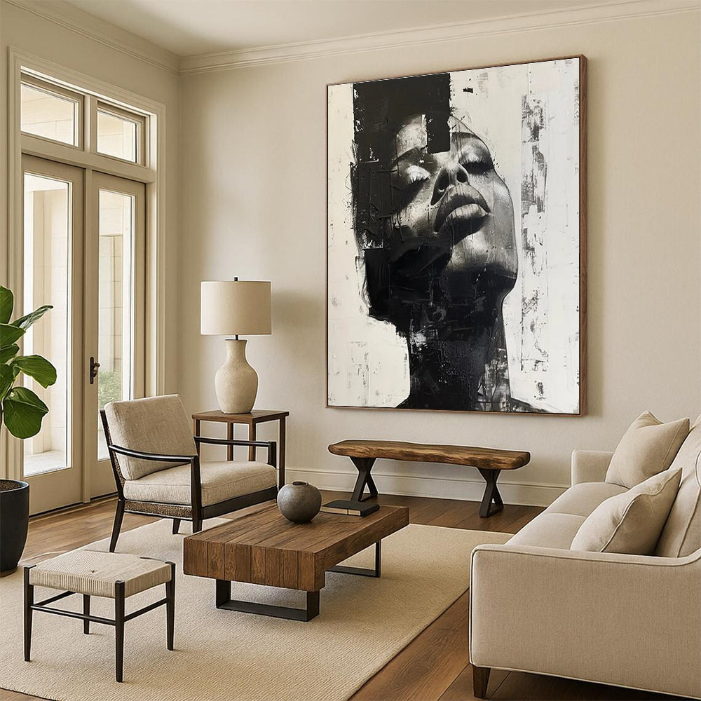 Black and White Textured Portrait Abstract Painting ADGE139
