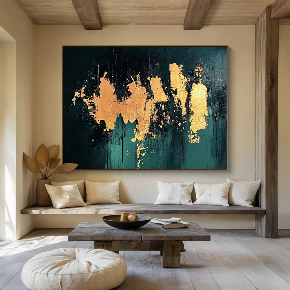 Gold Splash on Green Abstract Painting with Bold Textures DYP418