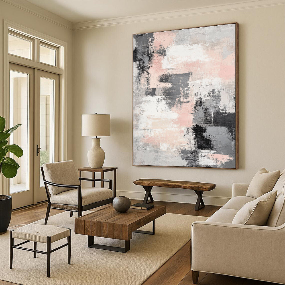 Large abstract art piece featuring soft gray and light pink interwoven textures with airy white spaces for a tranquil and mysterious atmosphere.STSC133