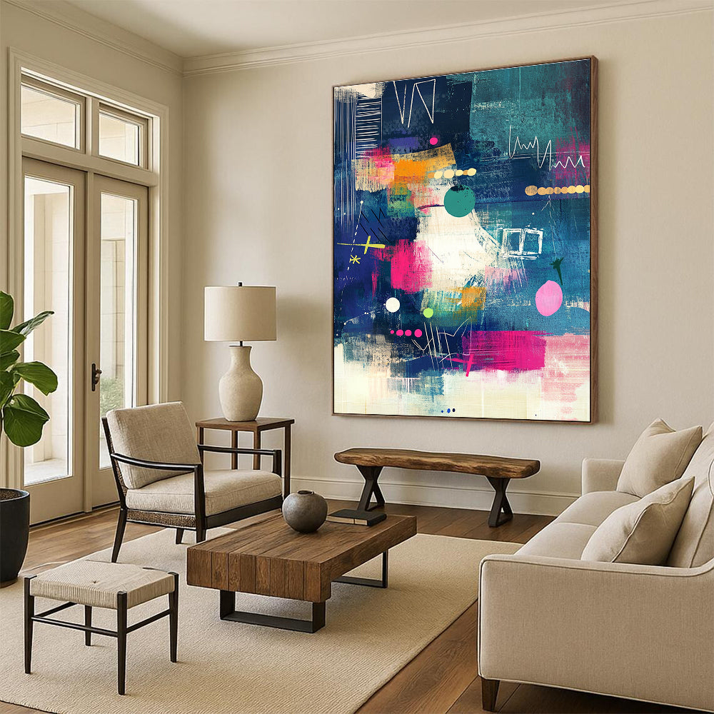 Abstract Art Featuring Playful Patterns and Textures in Blue Pink Green Yellow and Black Ideal for Modern Stationery and Wall Art.STSC966