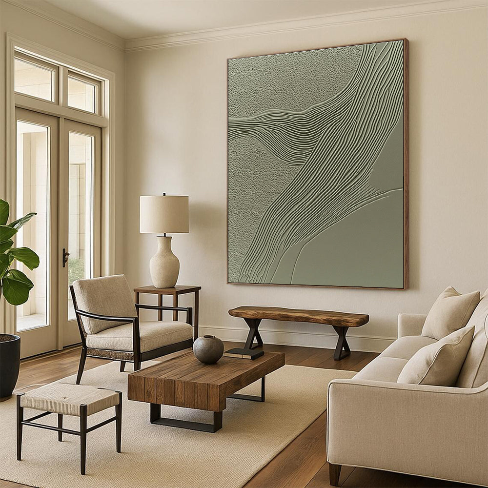 Green Textured Abstract Painting with Wavy Lines GER059