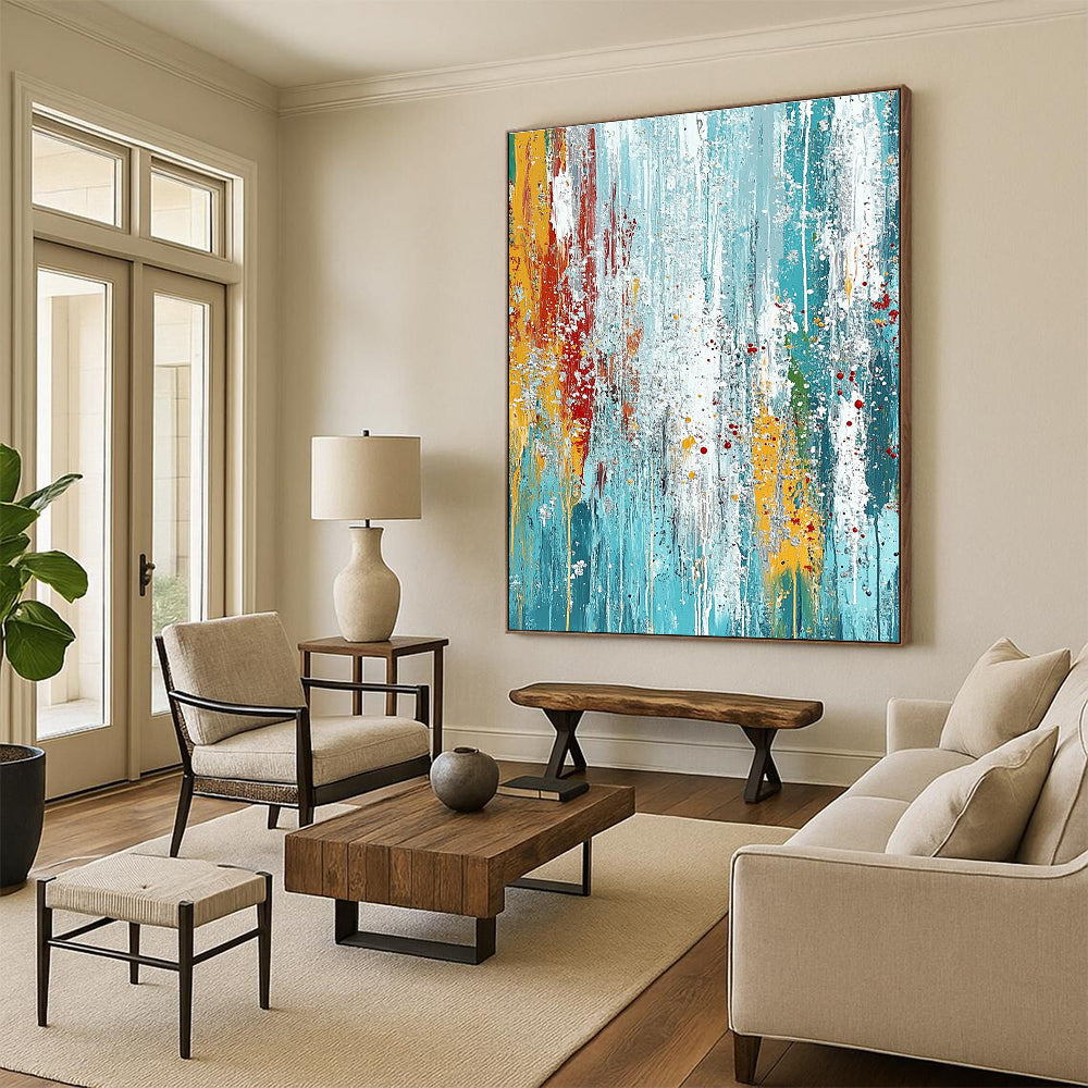 Large abstract painting on textured canvas featuring blue and teal hues with vibrant paint drips and dynamic brush strokes for an energetic feel.STSC719