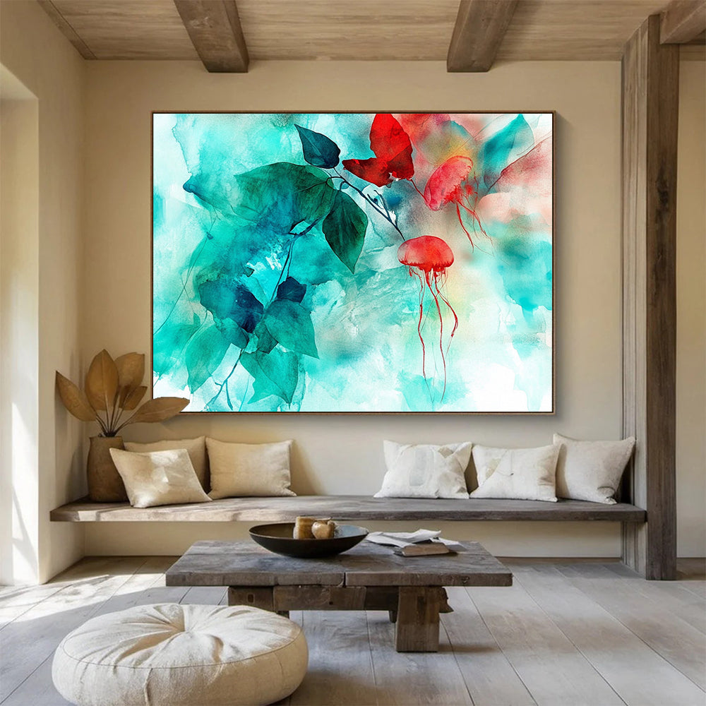 Jellyfish and Leaves Abstract Painting in Teal and Red DYP446