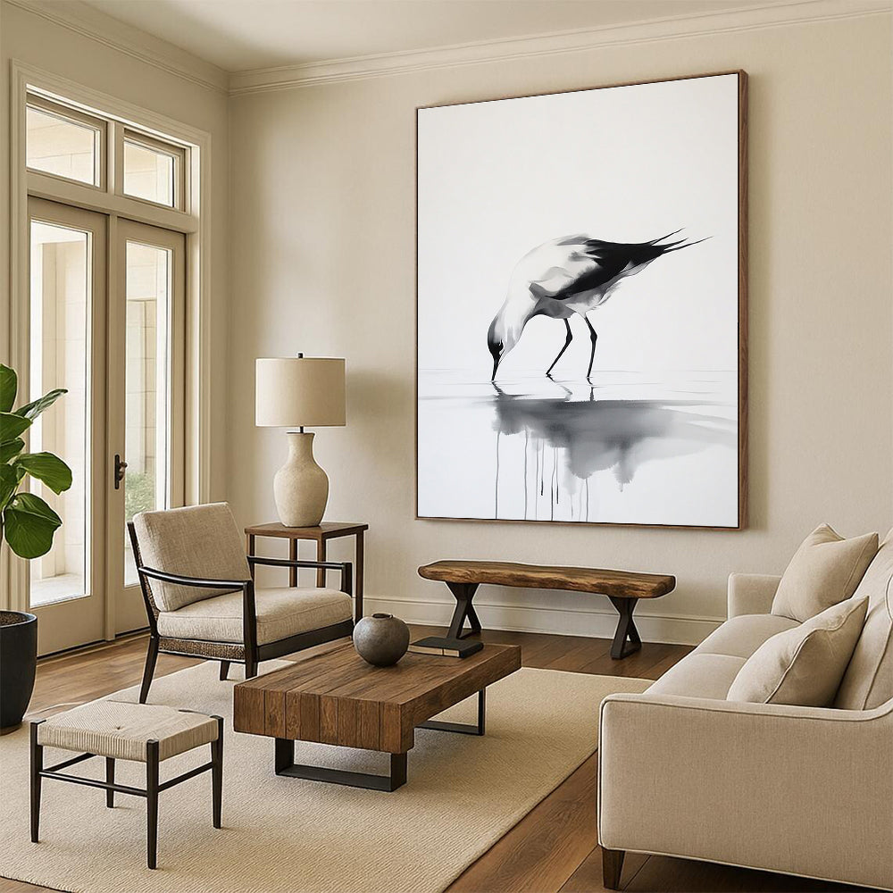 Large abstract ink painting featuring a graceful bird walking on water in a minimalist style with elegant movements and delicate brushstrokes on a pure white background.STSC907