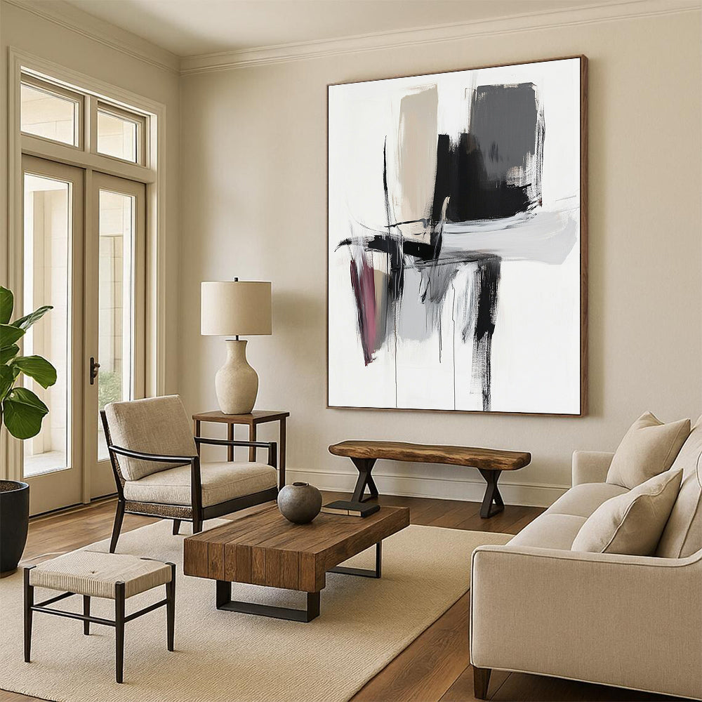 Black Beige and Gray Abstract Painting with Dynamic Shapes GER666