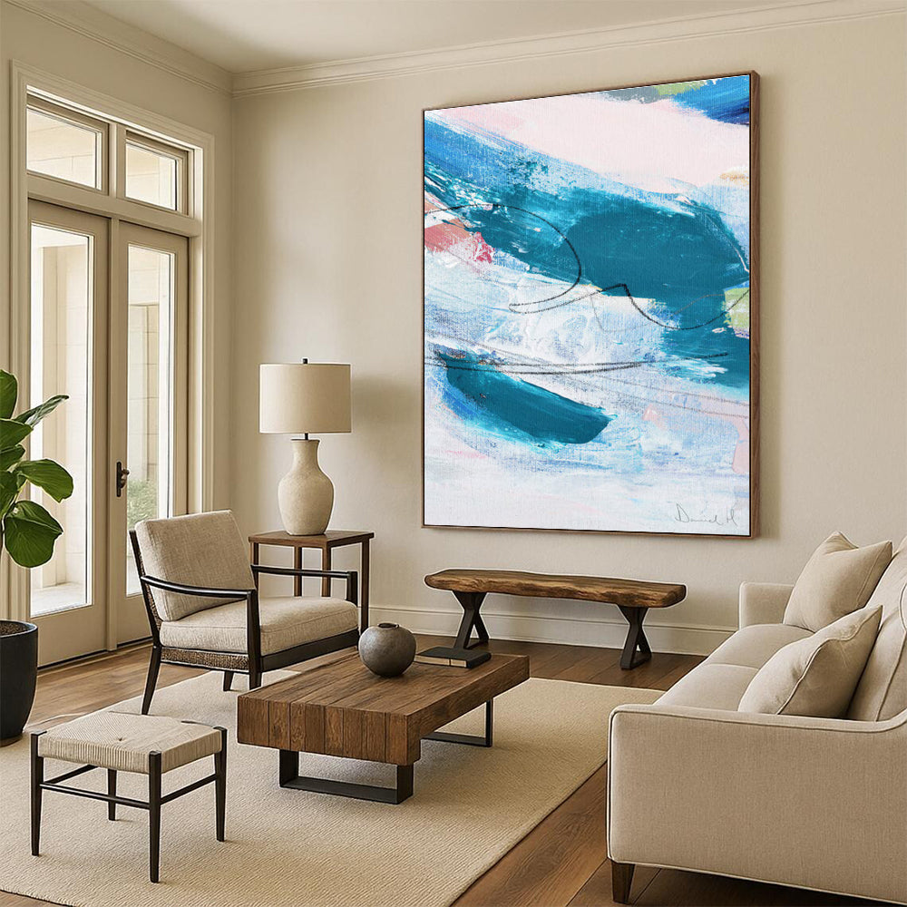 Dynamic Color Swirls in Teal and Pink Abstract Painting ADGE151