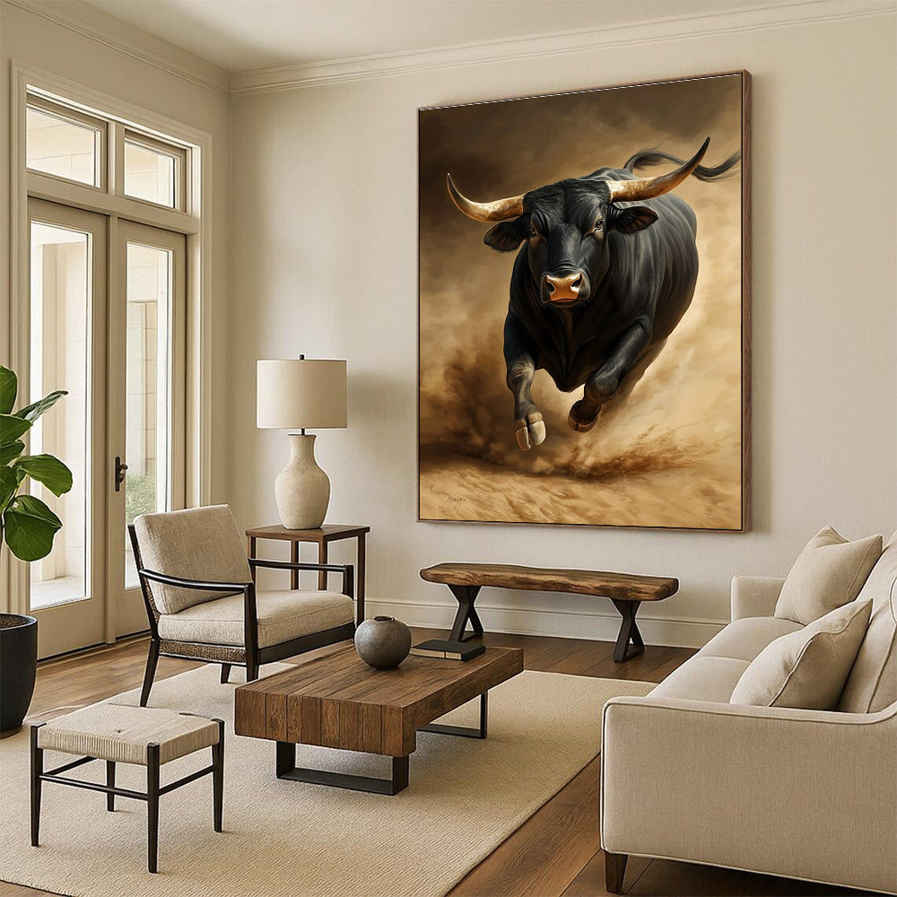 A large abstract painting featuring a black bull in the desert showcasing strong expression and high detail on a dark brown background.STSC914