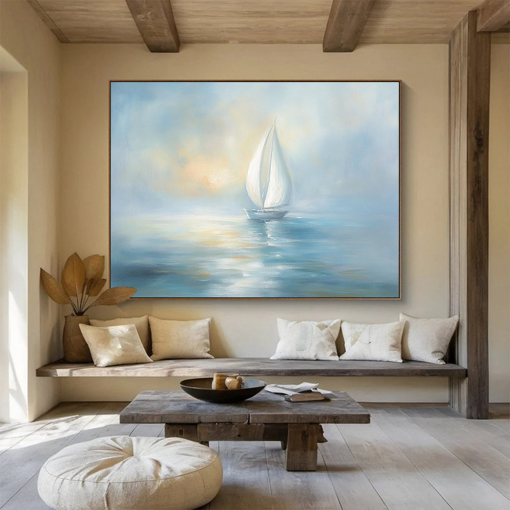 Light Blue Sailboat Abstract Painting with a Hazy Sky DYP138