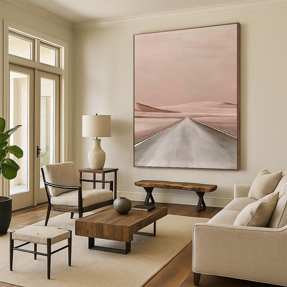 Large abstract painting of a minimalist desert road in a beige color palette inspired by Aron Wiesenfeld and John Larriva.STSC1166